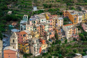 Naklejka premium Nice aerial landscape view of the little town of Manarola in the Cinque Terre in Liguria Italy. It is a small colorful village perched on the rocks with a fantastic view of the Mediterranean sea