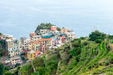 Naklejka na ściany i meble Aerial detail landscape view of the little town of Manarola in the Cinque Terre in Liguria Italy. It is a small colorful village perched on the rocks with a fantastic view of the Mediterranean sea