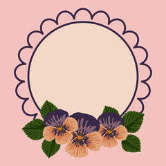 Round frame decorated with pansies with space for text on a pastel colour square background