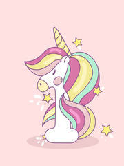 Number 1 with cute unicorn. Birthday template with unicorn for greeting cards, invitations. First birtday. Cute figure One Unicorn Character Vector Illustration