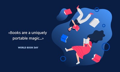 World Book Day. Young man and woman read books. People flying in book space. Education concept with a quote about books. Vector flat illustration.