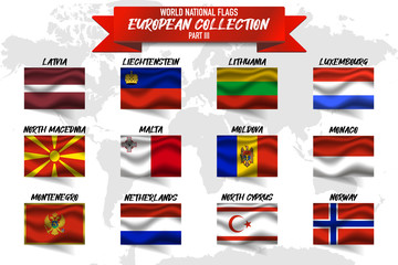 Set of realistic official world national flags, waving edition. isolated on map background. Objects, icons and symbol for logo, design. European Collection. Latvia, Malta, Monaco, Moldova, Norway