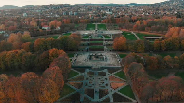 Vigeland Park at sunset in fall, Oslo, Norway, aerial
