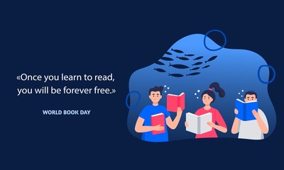 World Book Day. A group of young people reads books underwater. Education concept with a quote about books. Vector flat illustration.
