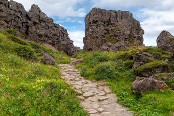 Fototapeta na wymiar tourist road walk in Thingvellir National Park