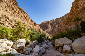Hike through narrow valley of Wadi Shab in Tiwi near Mascat in Oman