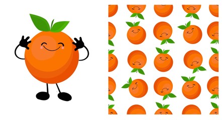 Orange character. Cute cartoon fruit. Vector illustration isolated on a white background. Citruses seamless pattern..