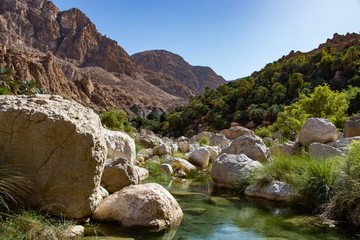 Inside the narrow canyon of Wadi Tiwi at Shab near Mascat in Oman