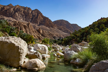 Inside the narrow canyon of Wadi Tiwi at Shab near Mascat in Oman