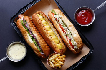 Close up of hot dog. Fast food.