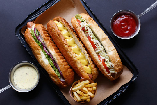 Close up of hot dog. Fast food.