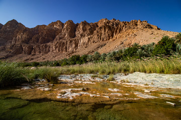 Fototapeta na wymiar Inside the narrow canyon of Wadi Tiwi at Shab near Mascat in Oman
