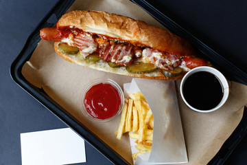 Close up of hot dog. Fast food.