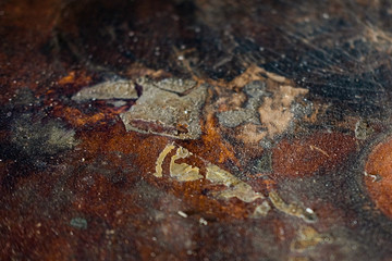 old metal background or texture. Abstract Grunge Decorative Dark Blue, Brown stucco Wall Background. Gloomy Rough Smear Texture. Web Banner or Wallpaper With Copy Space For Design.