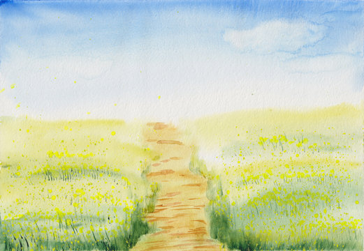 Watercolor illustration of blooming yellow and green rapeseed field with light blue sky. Hand drawn relaxing nature background. Abstract summer landscape. Vibrant soothing & peaceful yellow meadow.