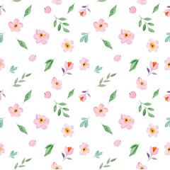 Watercolor seamless pattern of flowers and leaves, for wedding cards, romantic prints, fabrics, textiles and scrapbooking.