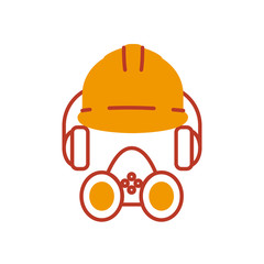 safety helmet, headphones and gas mask icon, half line half color style