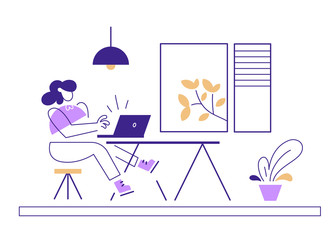 Vector creative business illustration of geometric successful woman with laptop on white background. Interior of people place work at home.