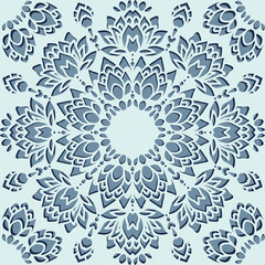 Fototapeta na wymiar Seamless vector pattern with paper cut flowers on light blue background. Floral lace snowflake wallpaper design.