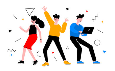 Vector bright creative illustration of team of young happy people on white background. Communication of group of business man and woman character.