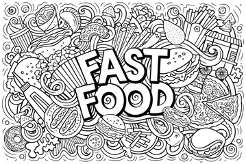 Fastfood hand drawn cartoon doodles illustration. Colorful vector banner