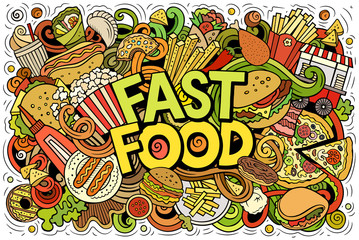 Fastfood hand drawn cartoon doodles illustration. Colorful vector banner
