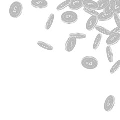 British pound coins falling. Scattered black and w