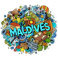 Maldives hand drawn cartoon doodles illustration. Funny travel design.
