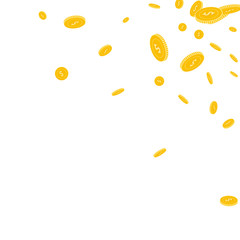 American dollar coins falling. Scattered disorderl