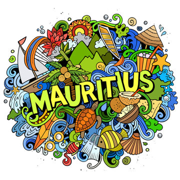 Mauritus hand drawn cartoon doodles illustration. Funny travel design.