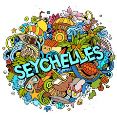 Seychelles hand drawn cartoon doodles illustration. Funny travel design.