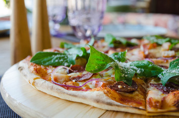 pizza, food, cheese, meal, tomato, dinner, italian, vegetable, baked, delicious, lunch, meat, crust, pepper, plate, cuisine, snack, ham, slice, tasty, mozzarella, dish, basil, gourmet, egg