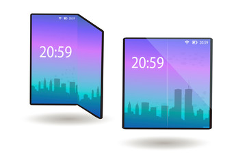 Foldable phone, smartphone with a flexible screen in the folded and unfolded position. A tablet device with a bent display, modern technology. Vector illustration
