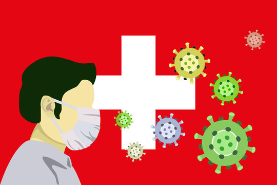Illustration vector graphic of image man wearing surgical mask to prevent Coronavirus and diseases on Switzerland flag background. Wuhan virus disease. Coronavirus outbreak in Switzerland.