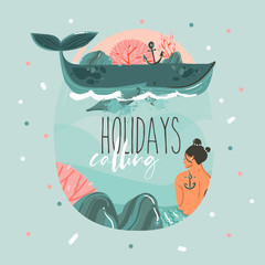 Hand drawn vector abstract cartoon summer time card template with mermaid and whale in blue ocean water and typography quote isolated on colour background