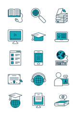 global sphere and online education icon set, half line half color style