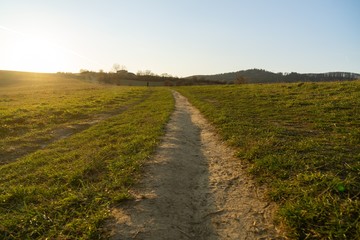 Sunrise or sunset over the hills and meadow. Slovakia