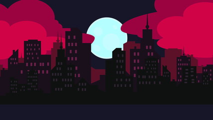 Night city illustration with moon and clouds