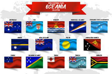 Set of realistic official world national flags, waving edition. isolated on map background. Object, icon and symbol for design. South America Collection.  Australia, Fiji, Nauru, New Zealand