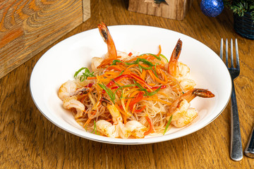 shrimp noodles on fork