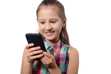 Cute little girl using mobile phone on white background.