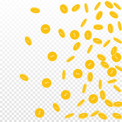 American dollar coins falling. Scattered sparse US