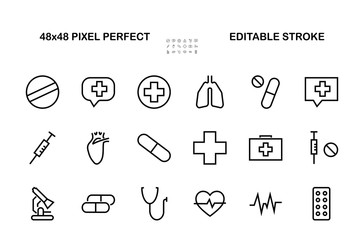 Simple Set of Medicine, Pills Related Vector Line Icons. Contains icons such as Pain, Syringe, tablet and more. Editable stroke. 480x480 pixels perfect, on a white background