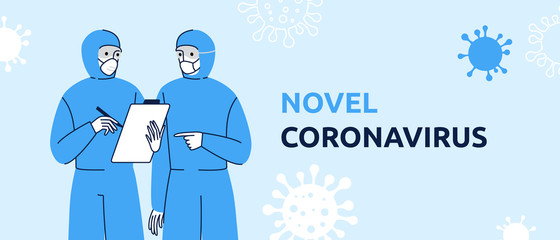 Vector illustration in flat simple style with characters - novel coronavirus concept, covid-19 - medical team and scientist working on tests and vaccine development