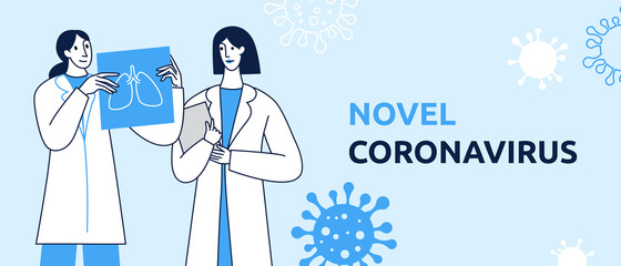 Vector illustration in flat simple style with characters - novel coronavirus concept, covid-19 - medical team and scientist working on tests and vaccine development