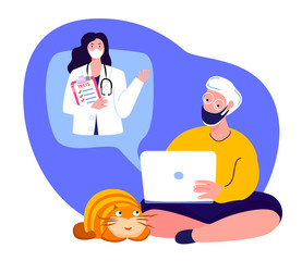 Coronavirus Epidemic Quarantine Isolation.Old Aged Man Pensioner Grandparent,Communicate with Doctor in Medical Face Mask.Internet Home Consultation