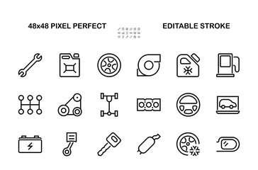 A simple set of car services related vector line icons. Contains icons such as oil, diagnostics, turbine, steering wheel, chassis, gearbox and much more. Editable move. 480x480 On a white background