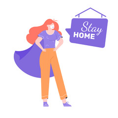 Stay home concept design. Girl character stands in a medical mask and a superhero cloak. Vector flat illustration.