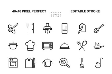   Set of cooking and kitchen icons, Vector lines, contains icons such as frying pan, frying, microwave, fork with spoon, Editable stroke, perfect 480x480 pixels, white background.