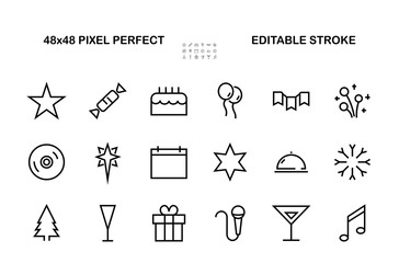  Simple set of celebration icons related to vector line. Contains icons such as music, new year, stars, balls, cake, karaoke, dj and much more. Editable stroke. 480x480